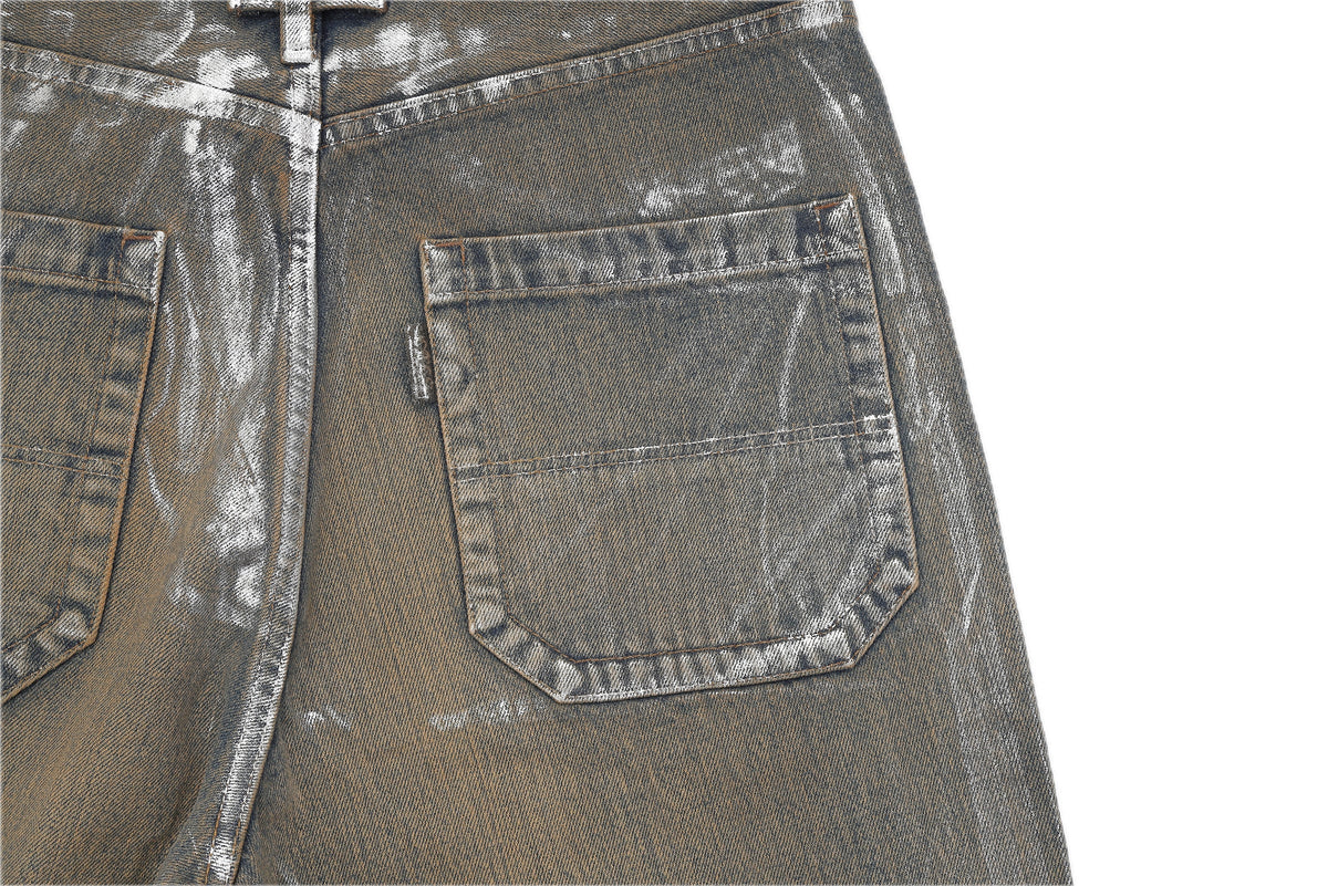BOWL LEGGED PANTS 'GLOSSY DENIM' – BROWN – バックポケット (IMG_0077.JPG)